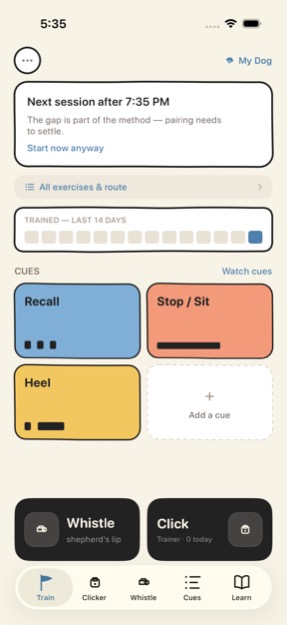The Train screen: today's session card, practice grid, and saved cues
