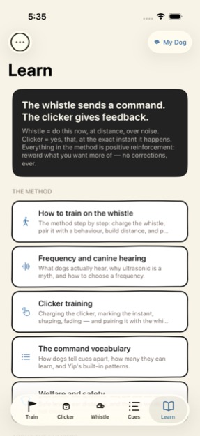 The Learn tab: the method articles and sources
