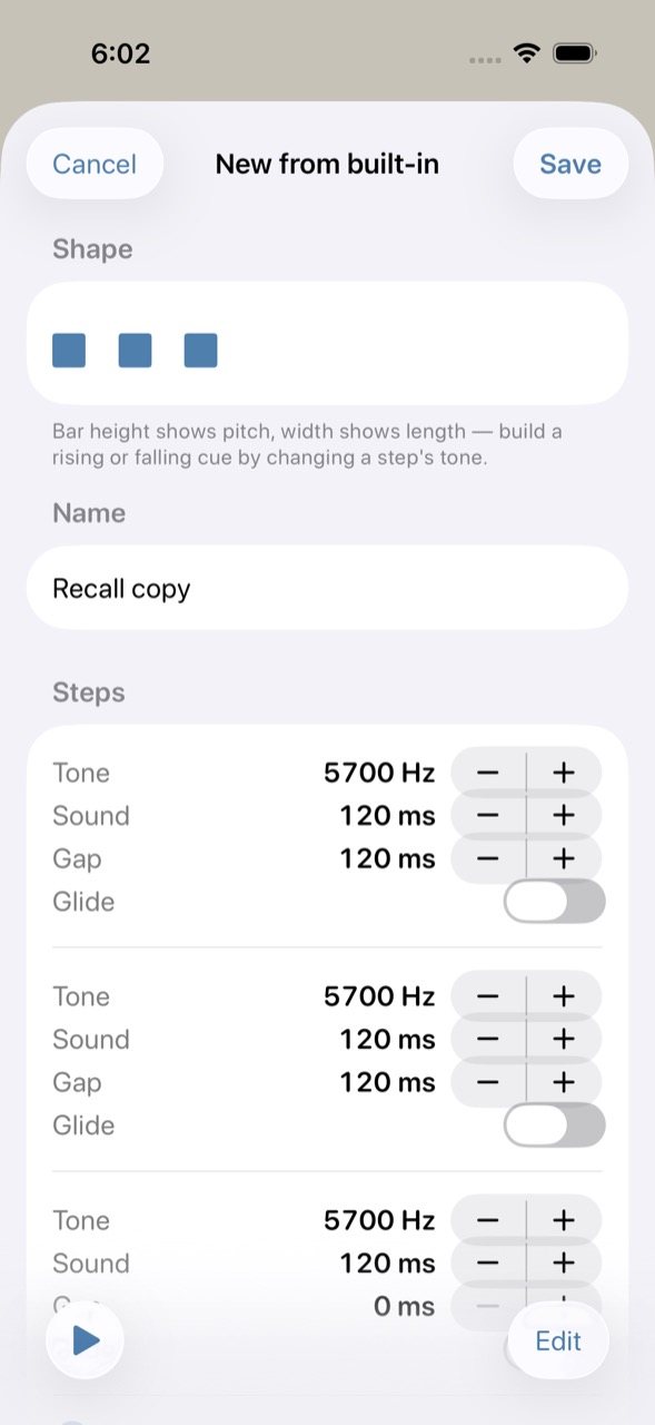 The pattern editor: tones and gaps timed to the millisecond