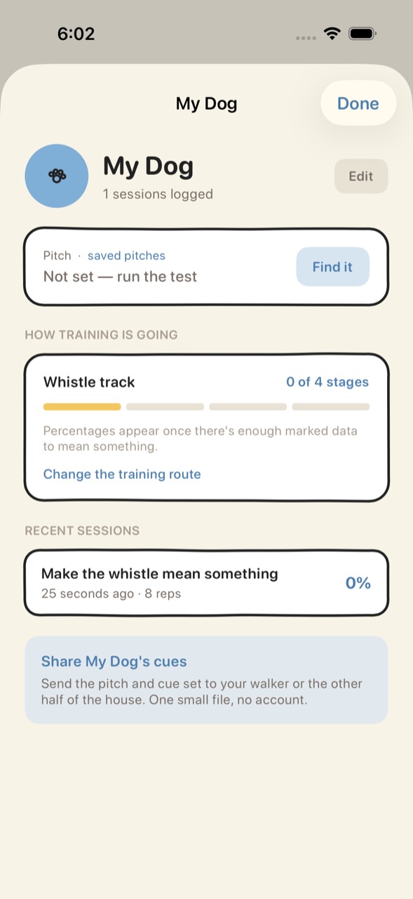 A dog's page: its own pitch, whistle, level, age, and cues