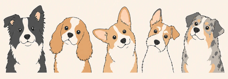 Five dogs in a row — border collie, cavalier, corgi, terrier, and australian shepherd — each listening in its own way